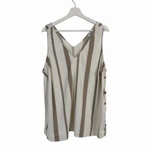 Market & Spruce Top Womens 1X Linen Blend Ivory Stripe Sleeveless V Neck Buttons